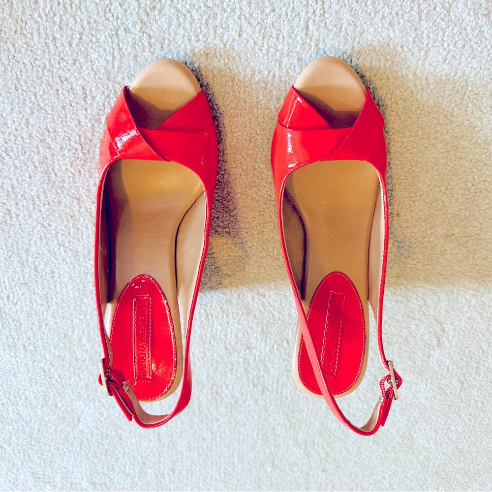 Banana Republic patent leather, peep toe, wedge sandal. Size 8.5M. New with box.